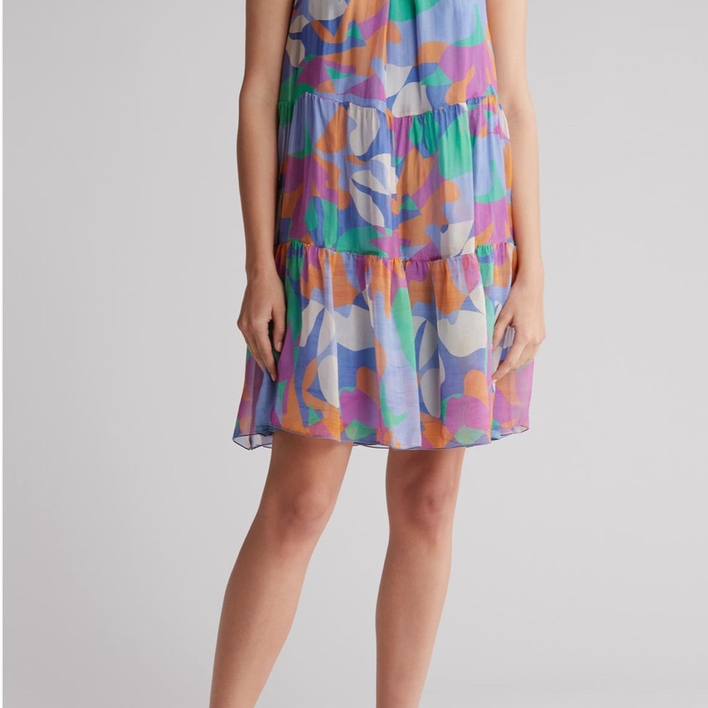 FRNCH Paris Halter Dress Sleeveless Tiered Mini Med Silk Aneth Carnival Colorful